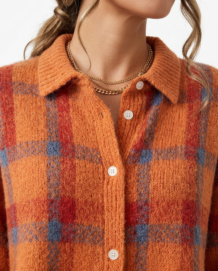 Salomé orange plaid knit cardigan fabric detail