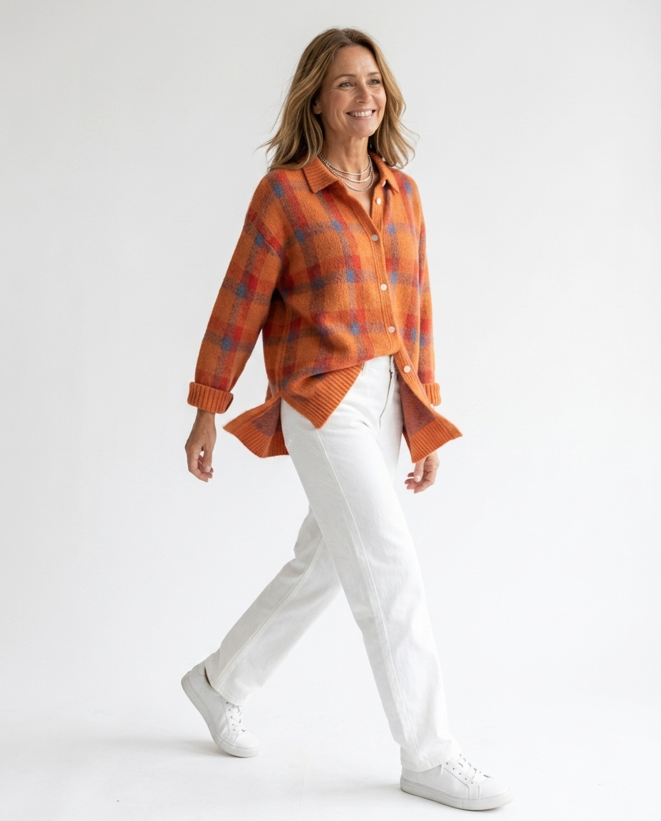 Salomé orange plaid knit cardigan movement shot