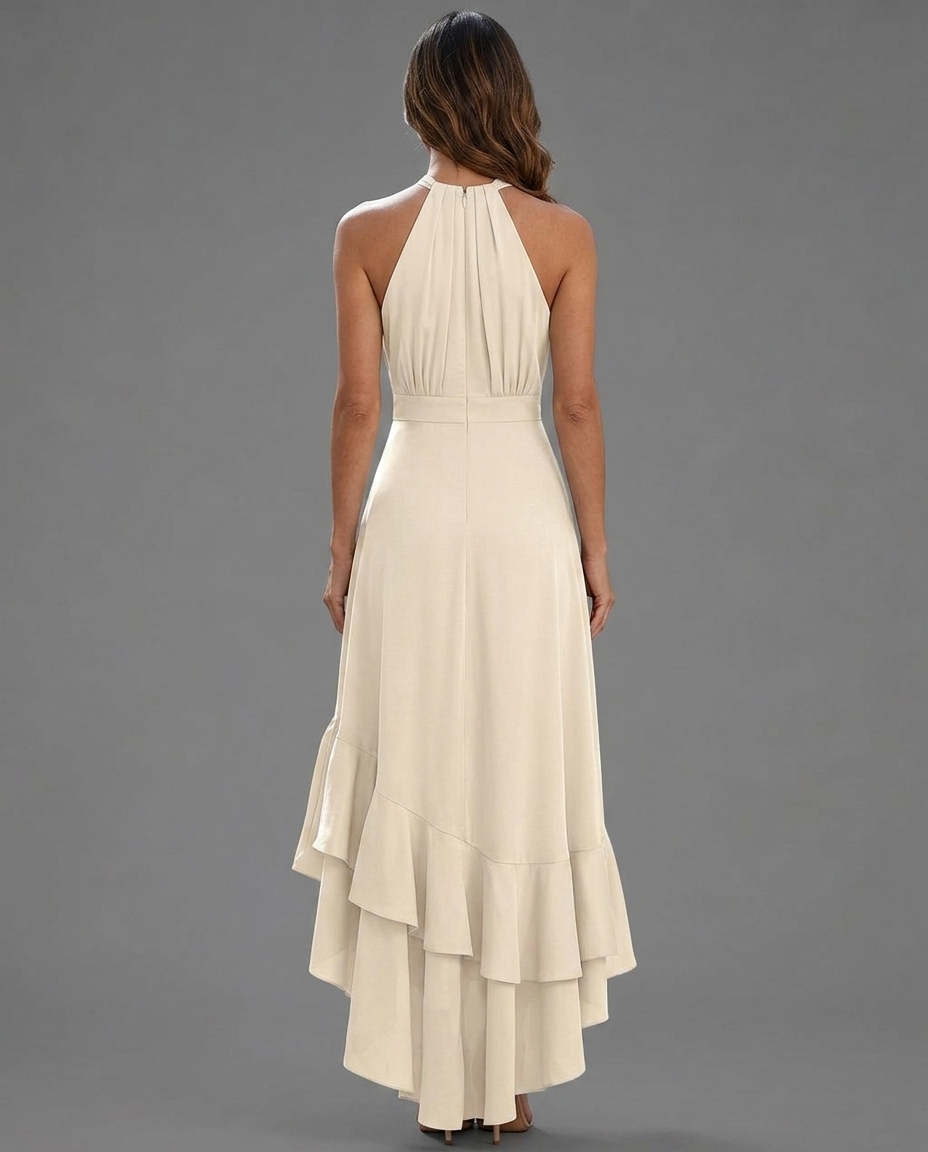 Rosalind white halter ruffle dress back view