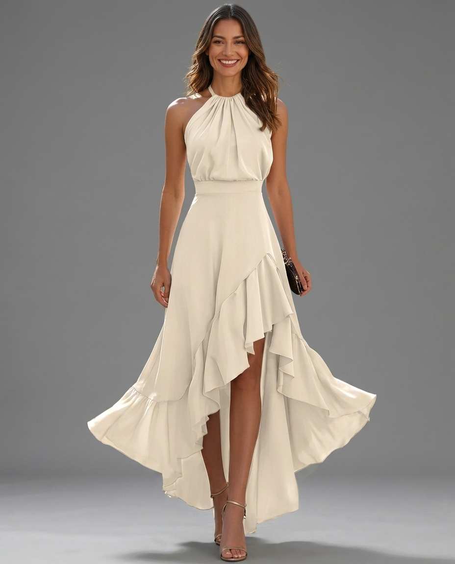 Rosalind white halter ruffle dress movement shot