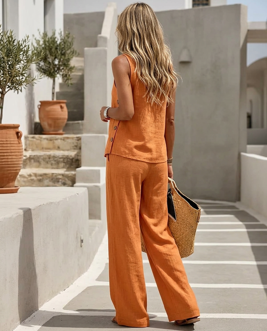 Iria™ | V-Neck Button Vest &amp; Wide-Leg Pants Set