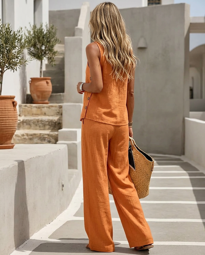 Iria™ | V-Neck Button Vest &amp; Wide-Leg Pants Set